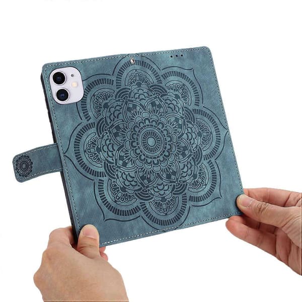 för iPhone 11 Läderfodral WANLONFENG HDM-serien Mandala Prägling Plånboksställ Telefonskal - Perfekt Blue