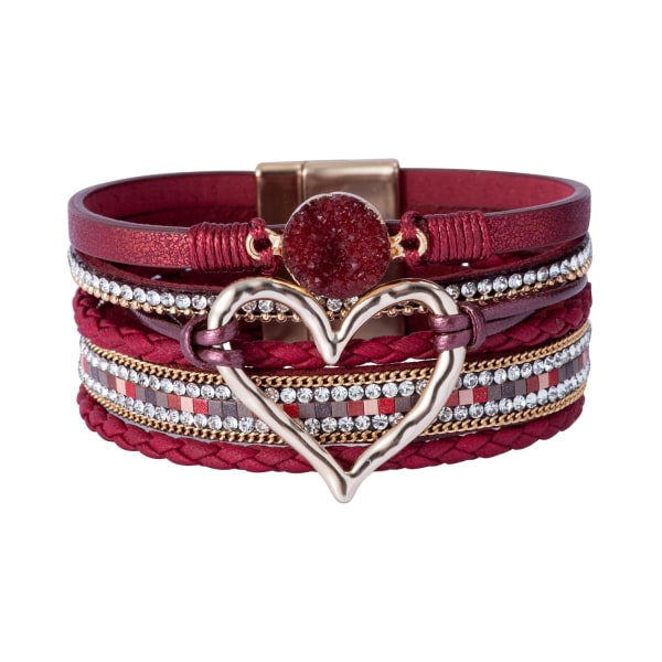 Magnetlås Boho Wrap Armband Läder Cuff Armband Pärlor Armband För Kvinnor Stapelbart Infinity Armband Smycken deep red