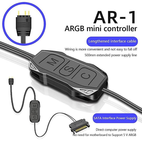 Mini ARGB Controller Forlænget Kabel Bred Kompatibilitet 5V 3 Pin til SATA Strømforsyning - Perfet