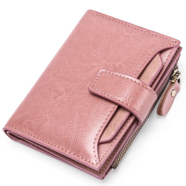 Rød liten lommebok til damer Kompakt blokkerende liten lommebok for kvinner i ekte skinn pink