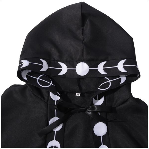 Unisex månefaser broderi hettekappe Mystisk middelalderrenessanse lang kappe - Perfet black XL