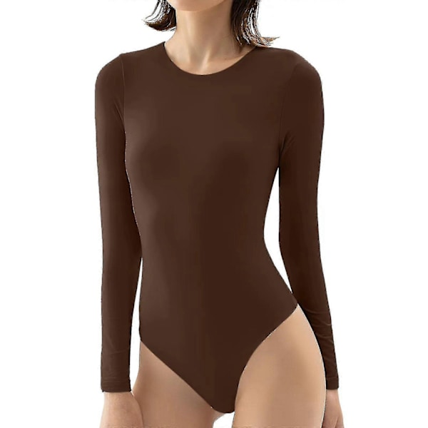 Dame Langærmet Bodysuit Leotard Bodycon Rundhals Bodysuit Jumpsuits Top-Yvan-Perfet Brown 2XL