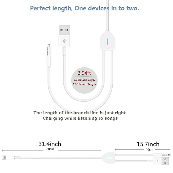 [Uppgraderad version] 2-i-1 ljudladdningskabel kompatibel med iPhone/iPad, kan ladda och spela musik samtidigt, stöder bil-perfekt