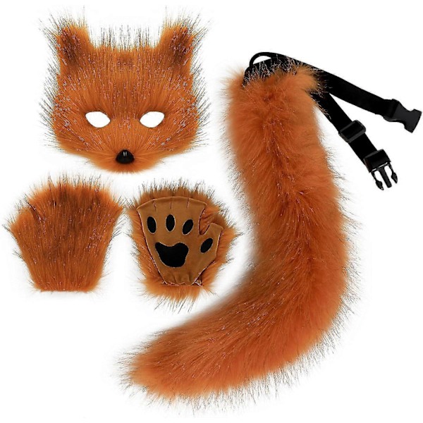 Konstgjord Pälsräv Svans Katt Varulv Cosplay Kostym Set Plysch Mask Fluffiga Tassar Handskar Halloween Jul-Perfekt Fox