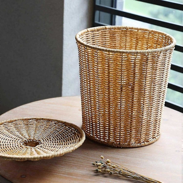 Vävd Papperskorg Rund Rotting Papperskorg med Lock Planter Vävd Korgar Korg Papperskorg - Perfekt