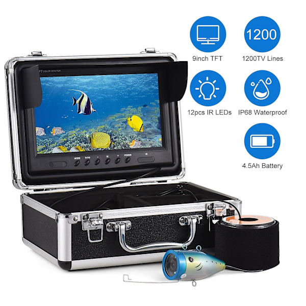 1200TVL Undervandsfiskekamera Fiskefinder med 12 IR LED'er 7 Tommer/9 Tommer LCD-skærm 15M/30M/50M Ca-Perfet 9" monitor x 30M cable