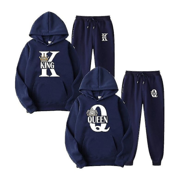 2023 Mode Par Sweatshirt Kung & Drottning Tryckt Par Hoodie Set med Huva och Byxor 2-pack Streetwear Kläder för Män och Kvinnor - Perfekt Navy Blue King 2 M