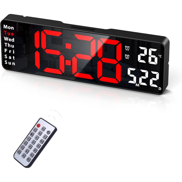 Digital klokke, 13" storskjerm digital veggklokke for stueinnredning, LED-veggklokke med fjernkontroll, timer, 12/24H- Perfet