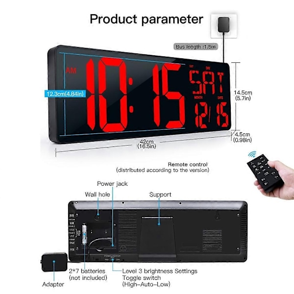 Moderne LED Digital Veggklokke med Fjernkontroll - Enkel å Lese Skjerm, Perfekt for Eldre WIFI remote control