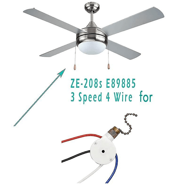 1 stk. takviftelysbryter ZingEar Kompatibel med ZE-208S E89885 3 Hastigheter 4 Ledninger Viftebryter Trekksnor, Vifte Lig-Perfet