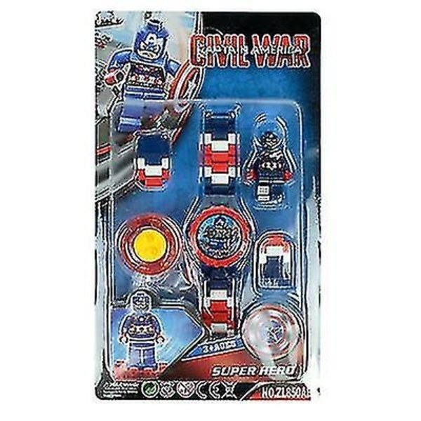 Lasten rakennettava kello ja kellot Muovikello linkkiketjulla ja minifiguurilla - Täydellinen Captain America