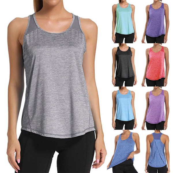 Kvinder afslappet ærmeløs mesh-syning Yoga Fitness T-shirt - Perfet gray,L