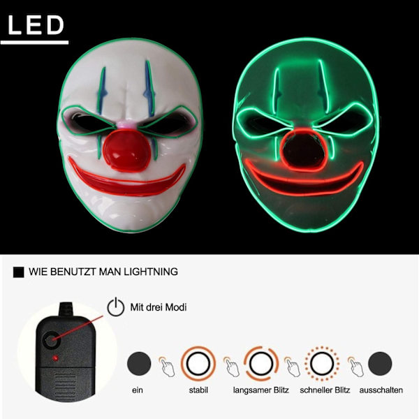 Halloween maske, LED maske med 3 flash modes klovne maske - Perfet