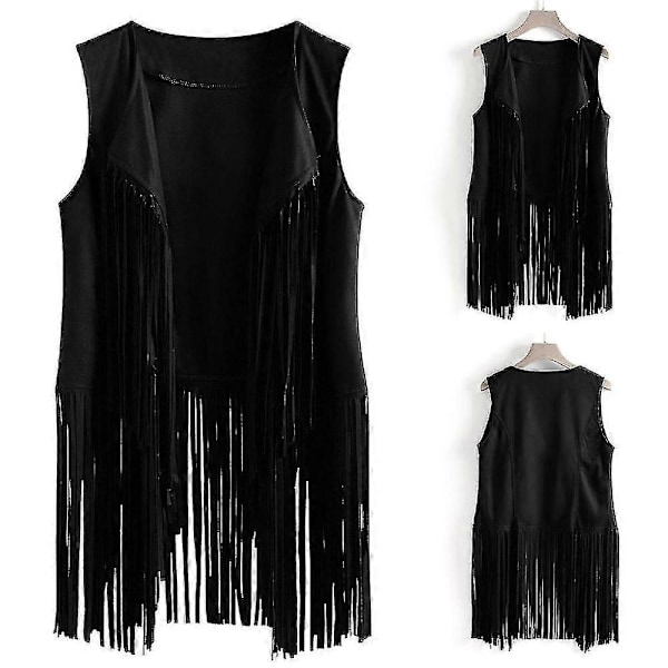 1920-talls Dame Cowboy Cowgirl Duskvest Ermeløs Vest Hippie Jakke Retro Motorsykkeljakke - Perfekt Black 2XL