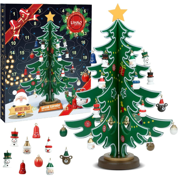 Adventtikalenteri 2023 24 päivän joulukalenteri puinen puu miniatyyrikoristeilla pöytätaso DIY minipuu joulupöydän koristeluun