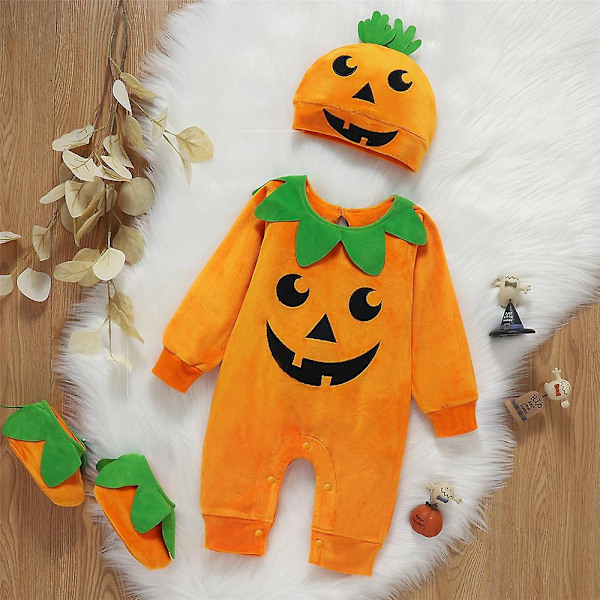 Halloween Baby Onesie - Gresskar Romper Kostyme Jumpsuit + Hatt + Skosett for 0-24 Måneder - Perfekt 18-24 Months