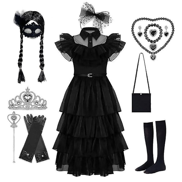 Onsdag Addams-kjole Cosplay-kostume Børn Piger Fest Sorte Kjoler Onsdagshalskæde Maske paryk (gratis forsendelse) - Perfet 150cm