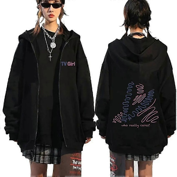 TV Girl Who Really Cares Grafisk Print Lynlås Hættetrøje Mænd Kvinder Mode Casual Oversized Lynlås Jakke Herre Fleece Sweatshirts-Perfet LLM-Black-Z04194 L