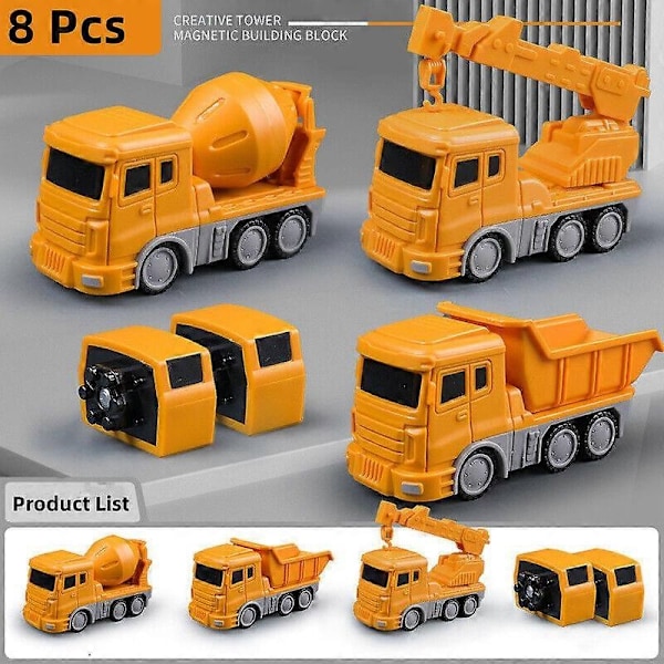 Magnetisk Transformerende Ingeniørkjøretøy Montert leketøy - Perfekt Yellow 8 piece set