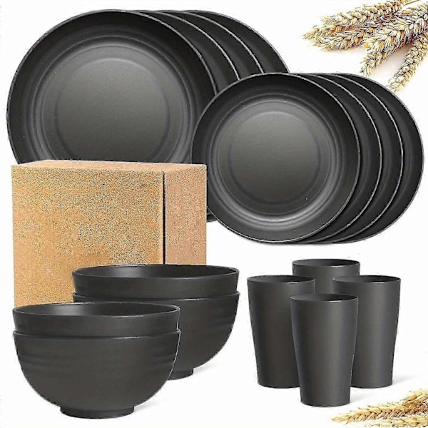 16 stk./sett Ubrytelige Middagstallerkener, Supernal Servisesett i Hvetestrå, Mikrobølgeovn- og Oppvaskmaskinsikre, Gjenbrukbart Servise, Svart-Perfet Black