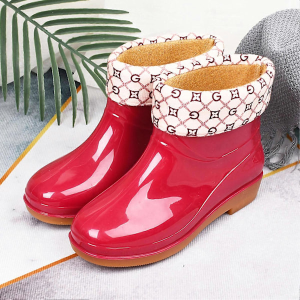 Womens Rain Boots Fashion Antiskid Short Rain Boot Round Head Radian Pvc Plastic Rain Boots Black Padded 38-Perfet Red 37