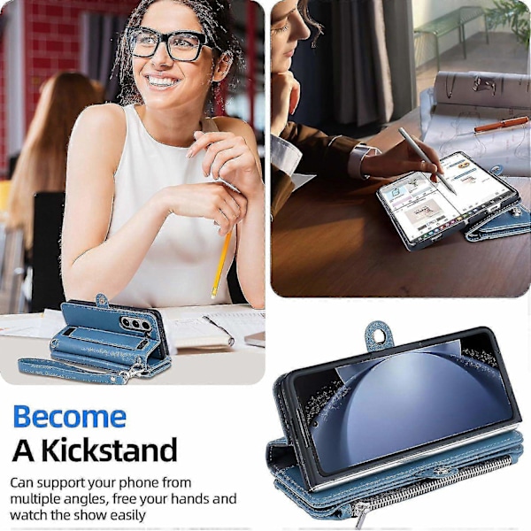 Yhteensopiva Samsung Galaxy Z Fold 5 Lompakkokotelon kanssa, Z Fold 5 Kotelo S Pen -pidikkeellä, hihnalla ja vetoketjullisella magneettisella nahkakannella - Täydellinen Blue
