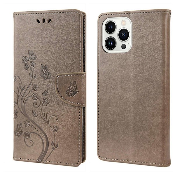 Fjärilsblomma PU-fodral Kompatibelt med iPhone 14 Pro-Perfet Grey