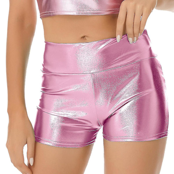 Kvinnors Pole Dance Shorts Hög Midja Metallic Glansig Patentläder Varma Shorts Träning Rave Party Pole Dancing Bottoms Clubwear-Perfet A Pink S