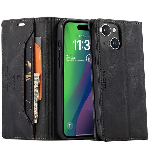 Covers Wallet Etui til iPhone 15 AUTSPACE A01 Læder Stand Etui med RFID-blokerende Kortholder - Sort-Perfet