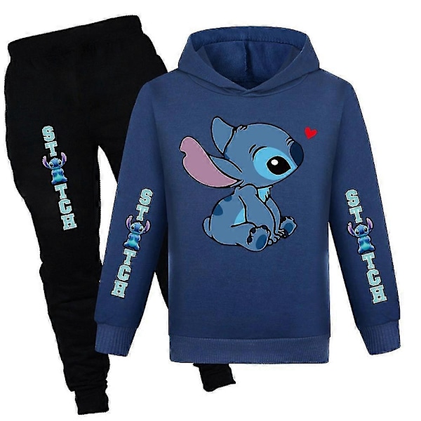 Lilo & Stitch Tryck Barnens Träningsoverall Set Pojkar Flickor Casual Huvtröja Sweatshirt Joggingbyxor Outfit Aktivkläder-Perfekt Navy Blue 7-8 Years