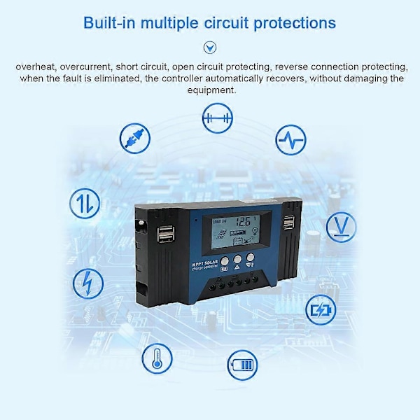 100A MPPT Solarladdningsregulator 12/24V Autofokus Solpanelregulator Batteri Intelligent Regulator med 4 USB-utgångar Justerbar - Perfekt 100A