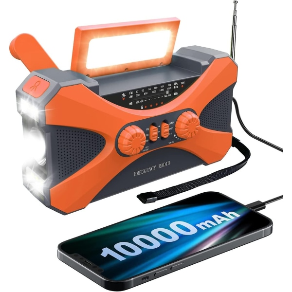 10000mah Nødradio Solar Håndsving Radio Bærbar Am/fm/noaa Vejrradio med telefonoplader Lommelygte qd best- Perfet Orange
