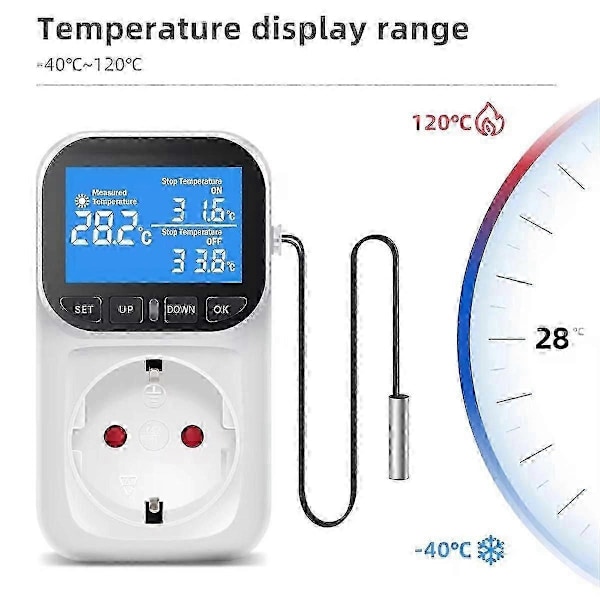 Digital Temperaturkontroller Stikkontakt Termostat med Tidsensor Probe Varme Kjøle Bryter 16A EU Plugg-Perfet