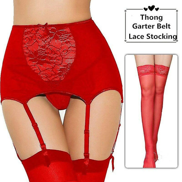 Sexiga underkläder i spets för damer, hög midja, strumpebandshållare, set med strumpor i stora storlekar - Perfet Red With Stockings XL