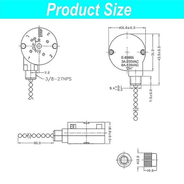 1 stk. takviftelysbryter ZingEar Kompatibel med ZE-208S E89885 3 Hastigheter 4 Ledninger Viftebryter Trekksnor, Vifte Lig-Perfet