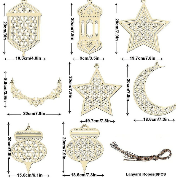 8 kpl Islam Ramadan Puinen riipus koriste, Ramadan Kareem -koristelu, Moon Star Tuulen valon muotoinen riipus koristeena muslimien ramadanille - Perfet