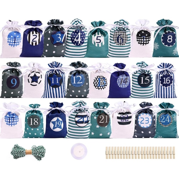 24 STK Jule-adventskalender Gaveposer Snørepose Fest D blue 24pcs