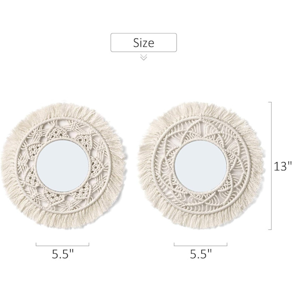 Set med 2 hängande väggspeglar med makrame rund dekorativ spegel väggdekoration liten boho stil för lägenhet sovrum vardagsrum - Perfet