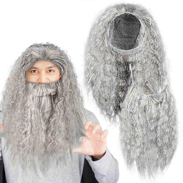 Halloween Cosplay Peruk och Skäggset Långt Grått Trollkarl Peruk Skägg Kostymtillbehör för Fest - Perfekt