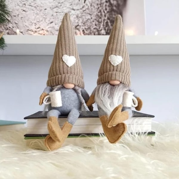 2 stk Gnomes Plysj Bar Dekor, Håndlagde Svenske Gnomes Gaver til hjemmekjøkken Coffee Station Bordhylle Dekor (Brun)- Perfet