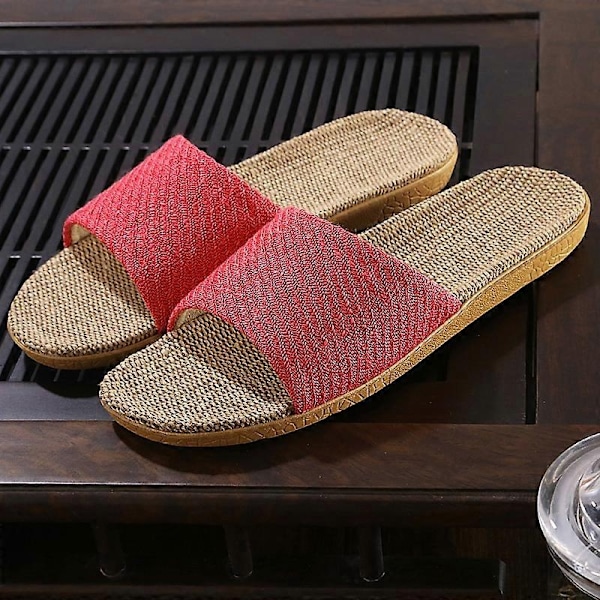 Par slippers i linned til hjemmet - tatami, trægulv, halm, rattan, sommer, skridsikker, indendørs - perfekt Rose Red 35-36