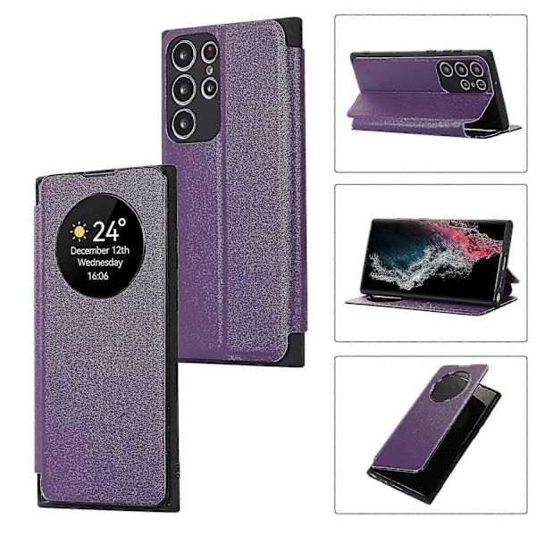 Fodral för Samsung Galaxy S24, Smart Sleep/Wake Up Funktion Visningsfönster Premium Läder Flipfodral med Kortplats, Ställ Trådlös Laddning-Perfekt purple S24 plus