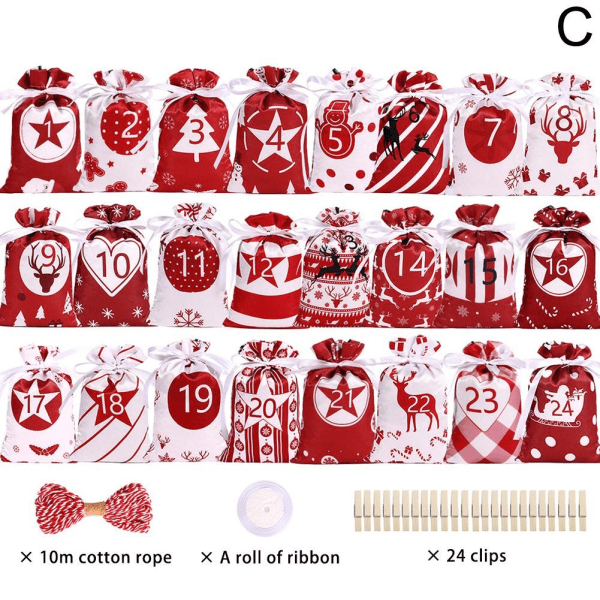 24 STK Jule-adventskalender Gaveposer Snørepose Fest D red 24pcs