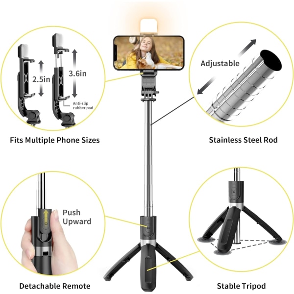 Selfie Stick-stativ med ljus, 4 i 1 360° roterbar mobiltelefon - Perfet