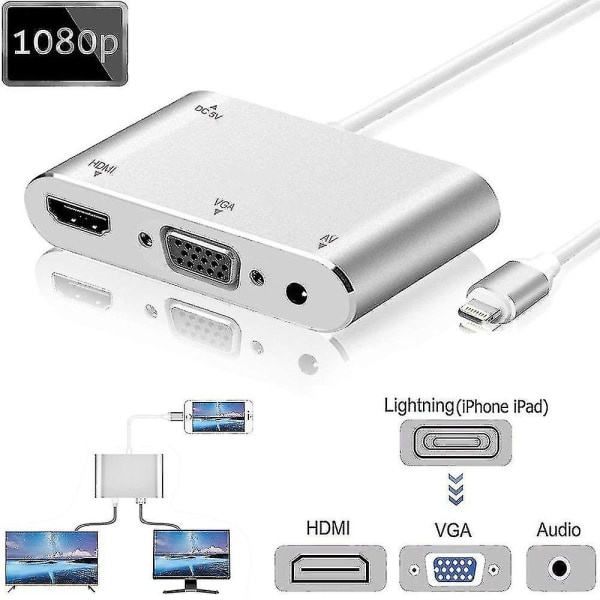 1080p Lightning til HDMI VGA Audio Video Adapter til Apple - Perfet