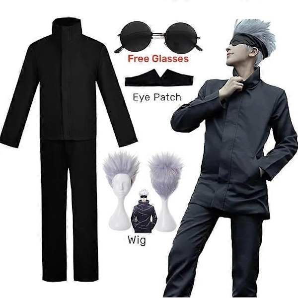 Anime Jujutsu Kaisen Gojo Satoru Cosplay-asu, Silmälappu, Peruukki, Lasit, Puku, Halloween-asu Miehille - Täydellinen Wig A Only XXXL