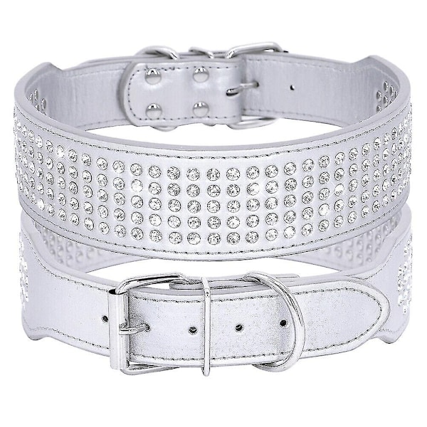 5-Raders Hundesett med Strass i PU-Lær, Diamant Bling for Store Hunder 2,0\" Bred - Perfekt Silver S Neck 33-41cm