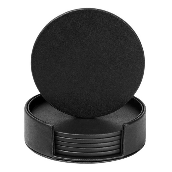 6-pack vändbara glasunderlägg Svart PU-läder med svart hållare - Perfet black