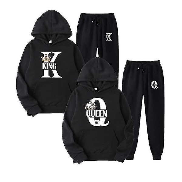 2023 Mode Par Sweatshirt Kung & Drottning Tryckt Par Hoodie Set med Huva och Byxor 2-pack Streetwear Kläder för Män och Kvinnor - Perfekt Black Queen 2 XL