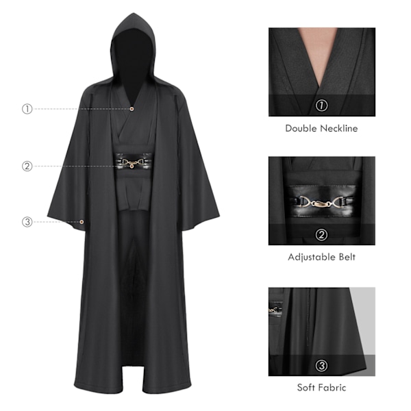 Mub- Obi-Wan Kenobi korkealaatuinen cosplay-asu musta Jedi-kaapu valomiekka kaksintaistelu musta - täydellinen Black 2 XL